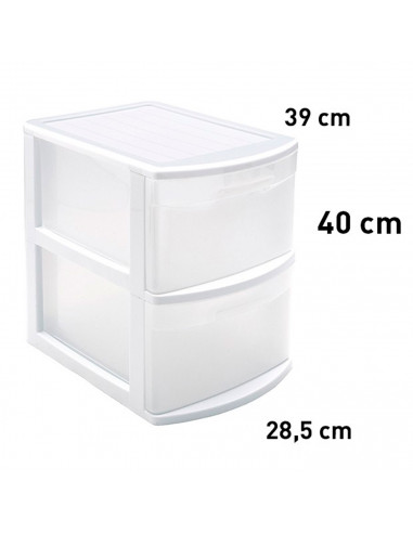 Tradineur - Cajonera estrecha modelo Támesis de plástico, 2 cajones transparentes, torre de almacenaje, oficina, hogar (Blanco,