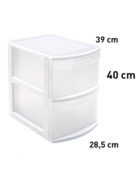 Tradineur - Cajonera estrecha modelo Támesis de plástico, 2 cajones transparentes, torre de almacenaje, oficina, hogar (Blanco,