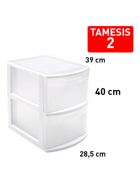 Tradineur - Cajonera estrecha modelo Támesis de plástico, 2 cajones transparentes, torre de almacenaje, oficina, hogar (Blanco,