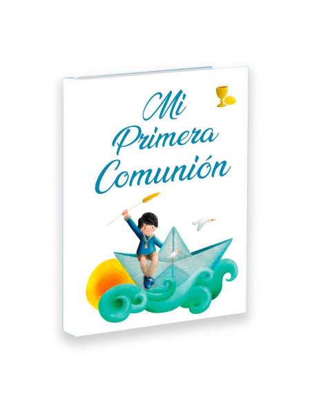 Libro para fotos Primera Comunion de niño en barco, Incluye, detalles de la ceremonia, 7 hojas para dedicatorias entre otros det