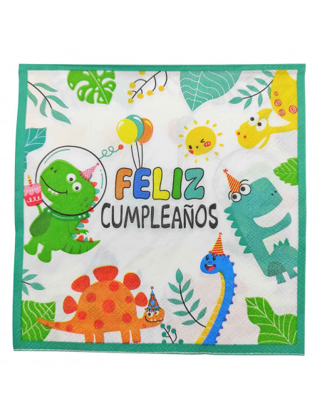 Pack de 12 servilletas infantiles de papel decoradas, feliz cumpleaños, dinosaurios, verde, niños, fiestas, celebraciones, 33 x
