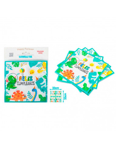 Pack de 12 servilletas infantiles de papel decoradas, feliz cumpleaños, dinosaurios, verde, niños, fiestas, celebraciones, 33 x