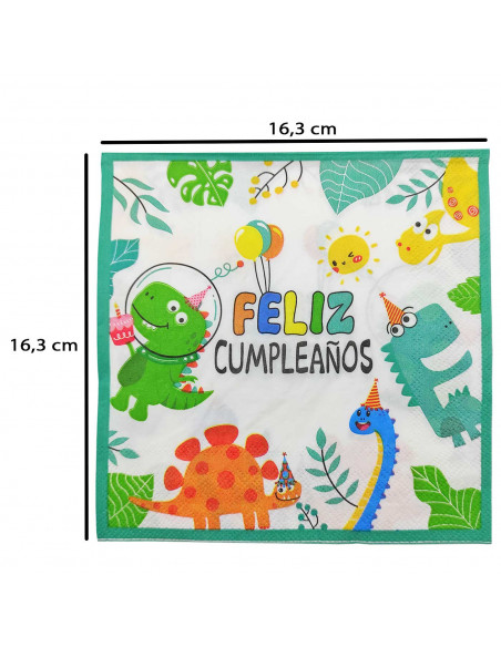 Pack de 12 servilletas infantiles de papel decoradas, feliz cumpleaños, dinosaurios, verde, niños, fiestas, celebraciones, 33 x