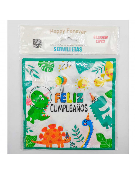 Pack de 12 servilletas infantiles de papel decoradas, feliz cumpleaños, dinosaurios, verde, niños, fiestas, celebraciones, 33 x