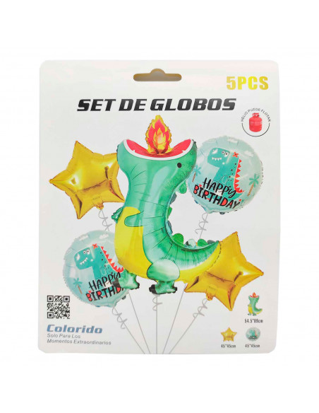 Set de 5 globos infantiles de helio decorados, látex, feliz cumpleaños, dinosaurios, estrellas, verde, niños, fiestas, celebraci