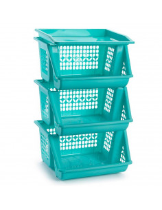 Tradineur - Verdulero apilable modelo PLFT color turquesa 3 cestas, 57 x 36 x 29 cm. Cestas portaobjetos apliables, estantes mul