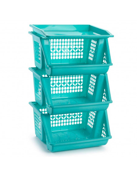 Tradineur - Verdulero apilable modelo PLFT color turquesa 3 cestas, 57 x 36 x 29 cm. Cestas portaobjetos apliables, estantes mul