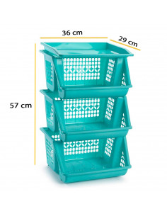 Tradineur - Verdulero apilable modelo PLFT color turquesa 3 cestas, 57 x 36 x 29 cm. Cestas portaobjetos apliables, estantes mul 2