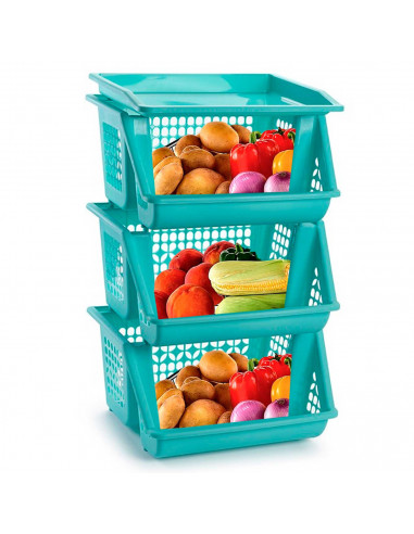 Tradineur - Verdulero apilable modelo PLFT color turquesa 3 cestas, 57 x 36 x 29 cm. Cestas portaobjetos apliables, estantes mul