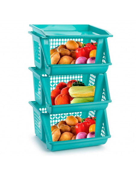 Tradineur - Verdulero apilable modelo PLFT color turquesa 3 cestas, 57 x 36 x 29 cm. Cestas portaobjetos apliables, estantes mul