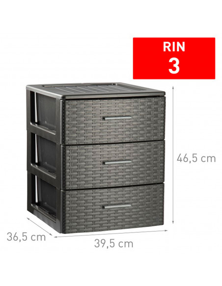 Plastic Forte - Cajonera de ordenación Rin Rattan con 3 cajones, plástico, torre de almacenaje multiusos, 46,5 x 39,5 x 36,5 cm,