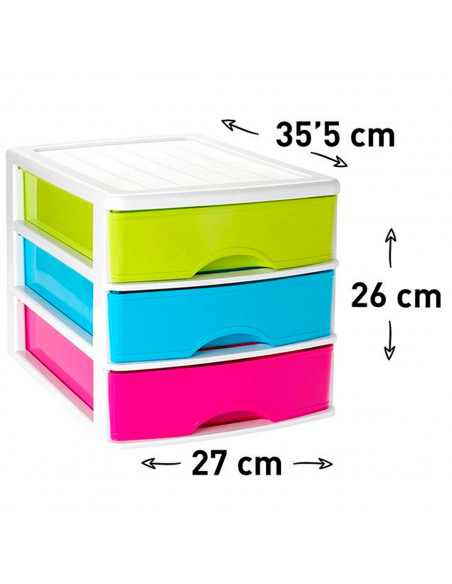 Tradineur - Cajonera de sobremesa con 3 cajones multicolor, plástico, torre de almacenaje multiusos, ordenación, hogar, 26 x 27