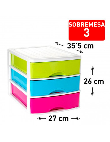 Tradineur - Cajonera de sobremesa con 3 cajones multicolor, plástico, torre de almacenaje multiusos, ordenación, hogar, 26 x 27