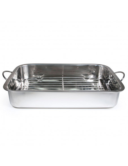 Tradineur - Bandeja de horno de acero inoxidable con grill y asas abatibles, fuente rectangular para asar con rejilla, rustidera
