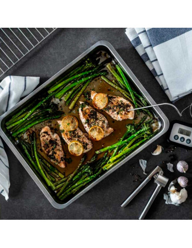 Tradineur - Bandeja de horno de acero inoxidable con grill y asas abatibles, fuente rectangular para asar con rejilla, rustidera