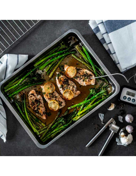 Tradineur - Bandeja de horno de acero inoxidable con grill y asas abatibles, fuente rectangular para asar con rejilla, rustidera