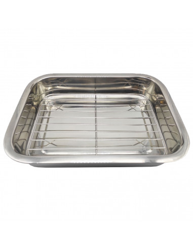 Tradineur - Bandeja de horno con grill y asas abatibles, acero inoxidable, fuente rectangular para asar con rejilla, rustidera d